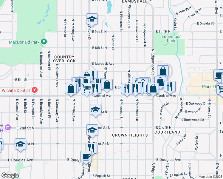 map of restaurants, bars, coffee shops, grocery stores, and more near 610 Harding Street in Wichita