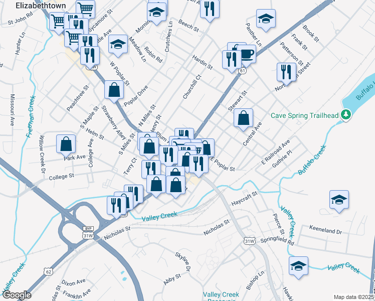 map of restaurants, bars, coffee shops, grocery stores, and more near 117 North Mulberry Street in Elizabethtown