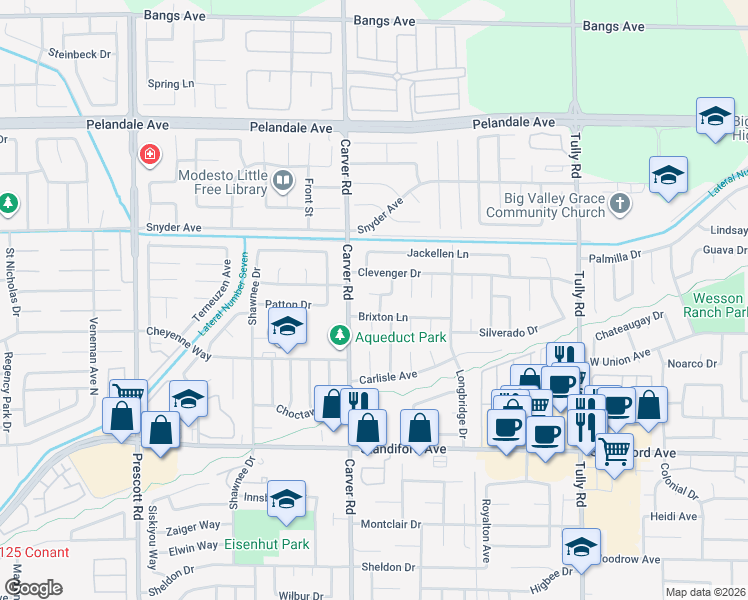 map of restaurants, bars, coffee shops, grocery stores, and more near 1617 Krishawn Way in Modesto