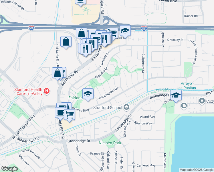 map of restaurants, bars, coffee shops, grocery stores, and more near 3405 Byron Court in Pleasanton