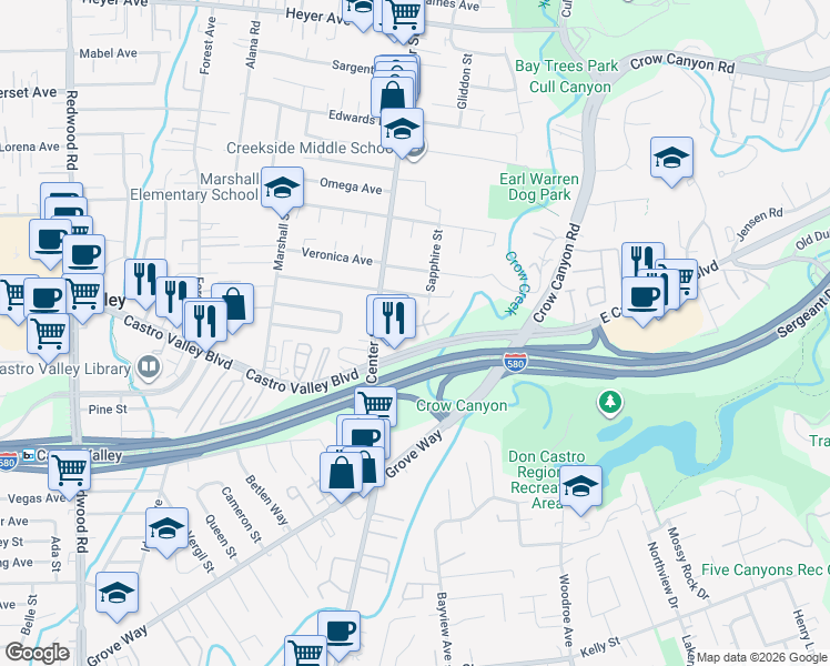 map of restaurants, bars, coffee shops, grocery stores, and more near 4122 Ravenwood Place in Castro Valley