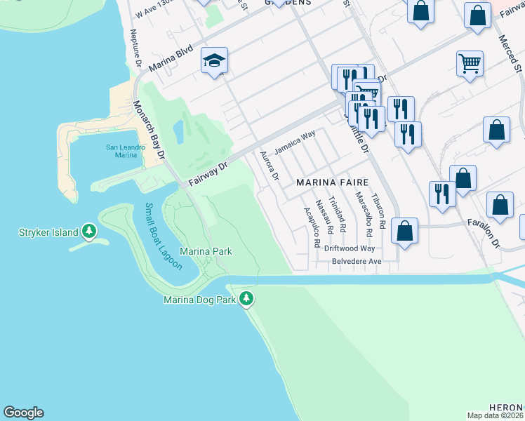 map of restaurants, bars, coffee shops, grocery stores, and more near 14177 Seagate Drive in San Leandro