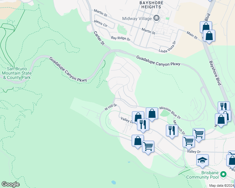map of restaurants, bars, coffee shops, grocery stores, and more near 615 Callippe Court in Brisbane