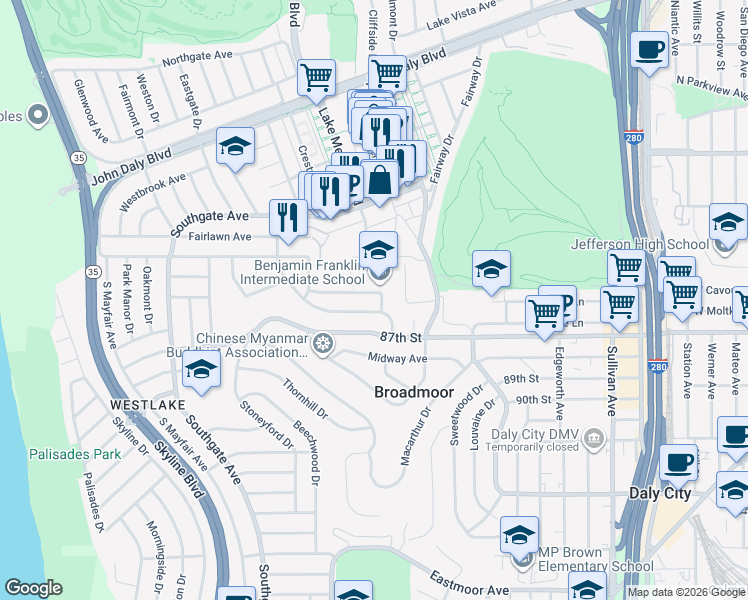 map of restaurants, bars, coffee shops, grocery stores, and more near 700 Stewart Avenue in Daly City
