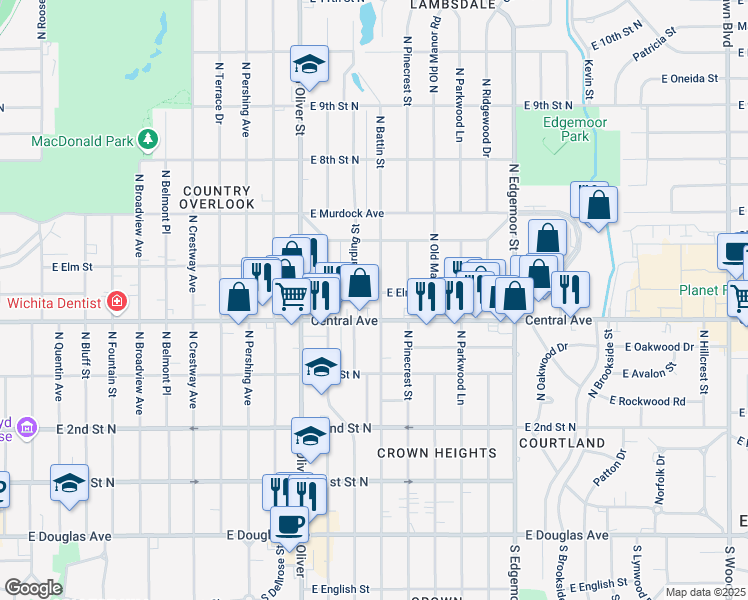map of restaurants, bars, coffee shops, grocery stores, and more near 610 Harding Street in Wichita
