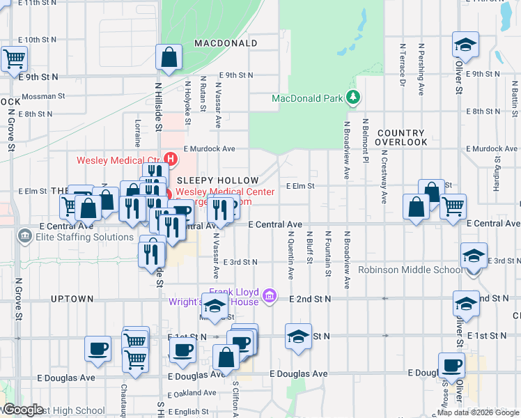 map of restaurants, bars, coffee shops, grocery stores, and more near 3736 Edgemont Street in Wichita