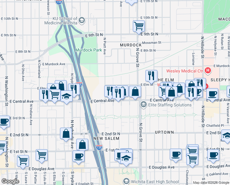 map of restaurants, bars, coffee shops, grocery stores, and more near 545 North Madison Avenue in Wichita