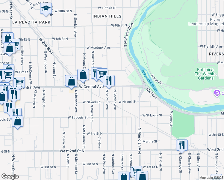 map of restaurants, bars, coffee shops, grocery stores, and more near 2838 W Central Ave in Wichita