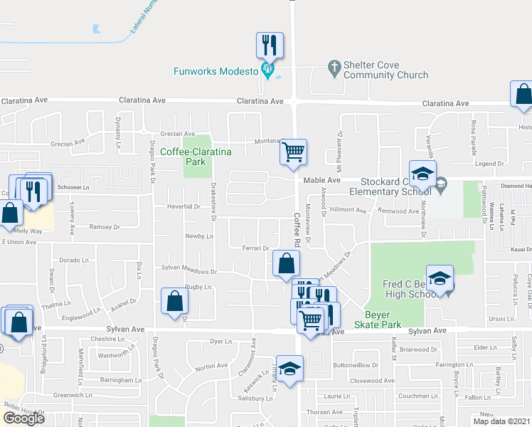 map of restaurants, bars, coffee shops, grocery stores, and more near 1105 Grand Prix Drive in Modesto