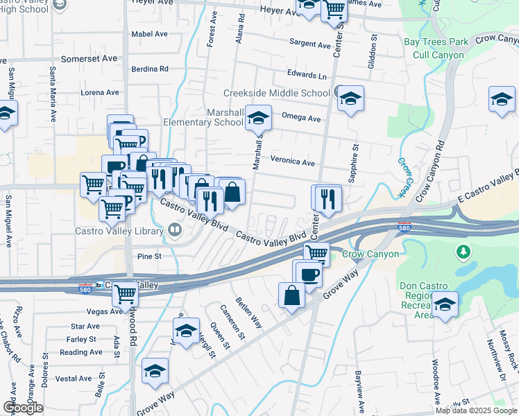 map of restaurants, bars, coffee shops, grocery stores, and more near 4021 Meadowview Drive in Castro Valley
