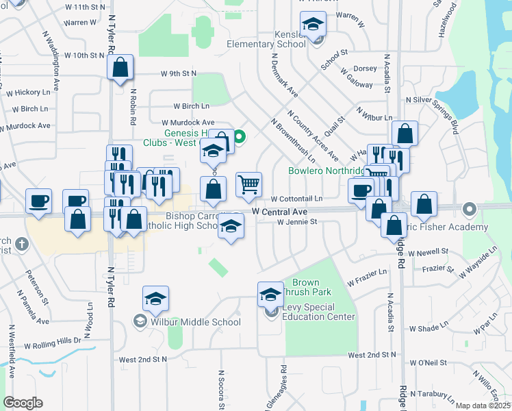 map of restaurants, bars, coffee shops, grocery stores, and more near West 2nd Street North in Wichita