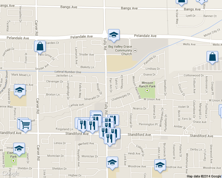 map of restaurants, bars, coffee shops, grocery stores, and more near 3817 Pan-Am Drive in Modesto