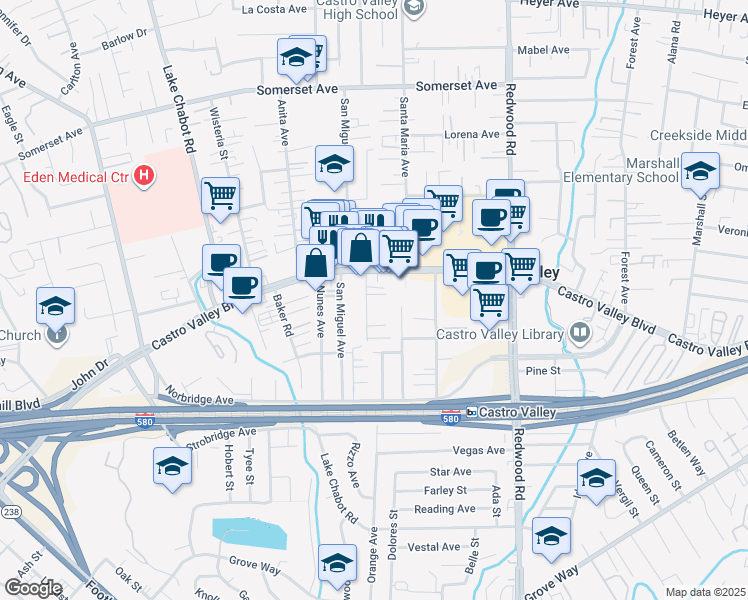 map of restaurants, bars, coffee shops, grocery stores, and more near 20836 Chester Street in Castro Valley