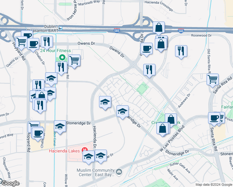 map of restaurants, bars, coffee shops, grocery stores, and more near 4052 Ghiotti Court in Pleasanton