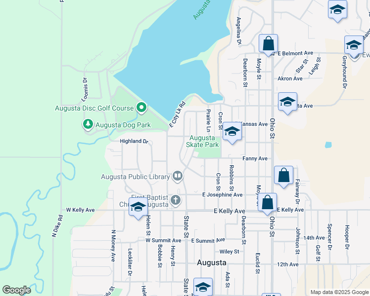 map of restaurants, bars, coffee shops, grocery stores, and more near 201 West Sunflower Avenue in Augusta