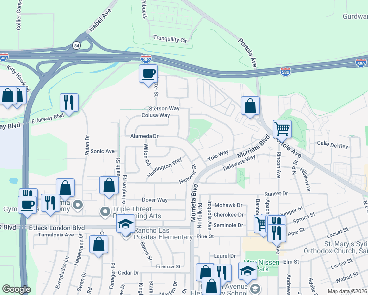 map of restaurants, bars, coffee shops, grocery stores, and more near 849 Hanover Street in Livermore