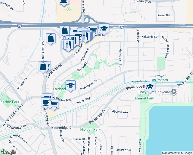 map of restaurants, bars, coffee shops, grocery stores, and more near 3219 Picadilly Court in Pleasanton