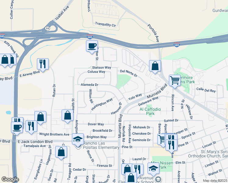 map of restaurants, bars, coffee shops, grocery stores, and more near 849 Hanover Street in Livermore