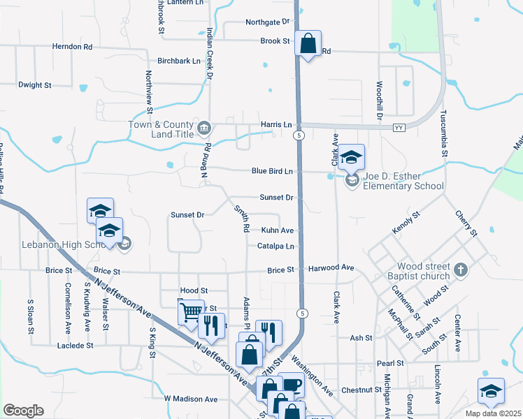 map of restaurants, bars, coffee shops, grocery stores, and more near 254 Rainbow Drive in Lebanon