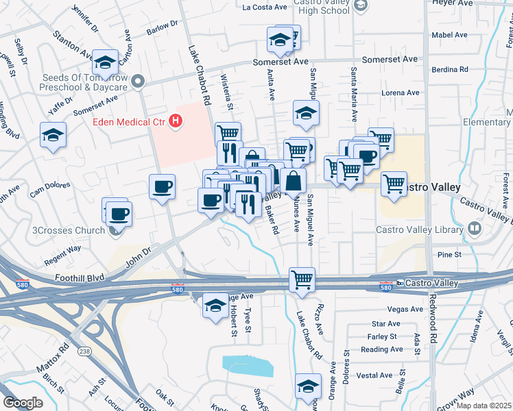 map of restaurants, bars, coffee shops, grocery stores, and more near 2770 Castro Valley Boulevard in Castro Valley