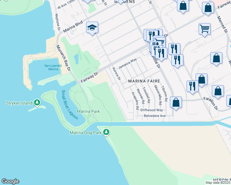 map of restaurants, bars, coffee shops, grocery stores, and more near 14170 Outrigger Drive in San Leandro