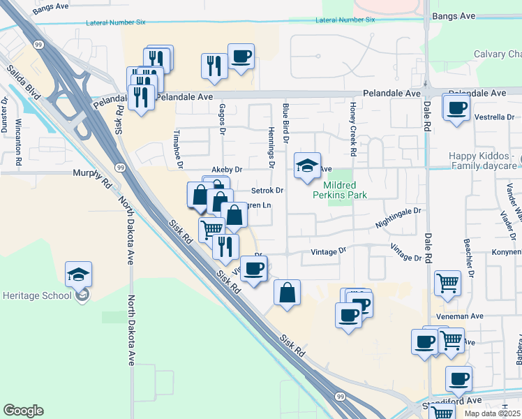 map of restaurants, bars, coffee shops, grocery stores, and more near 3416 Melgren Lane in Modesto