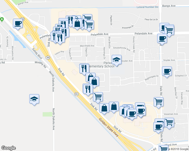 map of restaurants, bars, coffee shops, grocery stores, and more near 3516 Melgren Lane in Modesto