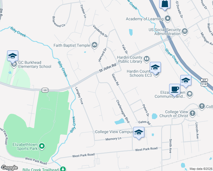 map of restaurants, bars, coffee shops, grocery stores, and more near 590 Charlemagne Boulevard in Elizabethtown