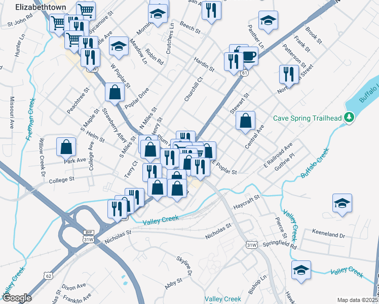 map of restaurants, bars, coffee shops, grocery stores, and more near 117 North Mulberry Street in Elizabethtown