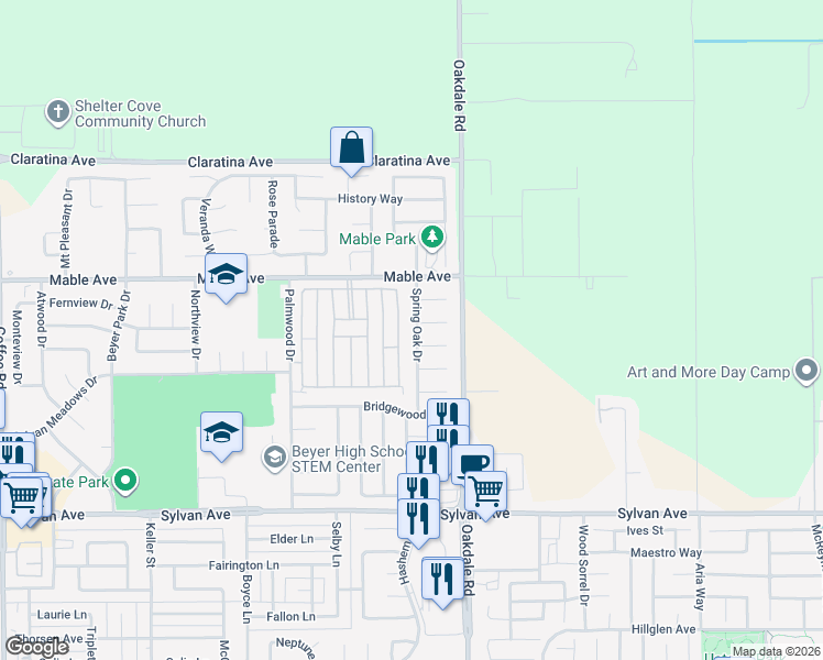 map of restaurants, bars, coffee shops, grocery stores, and more near 3917 Spring Oak Drive in Modesto