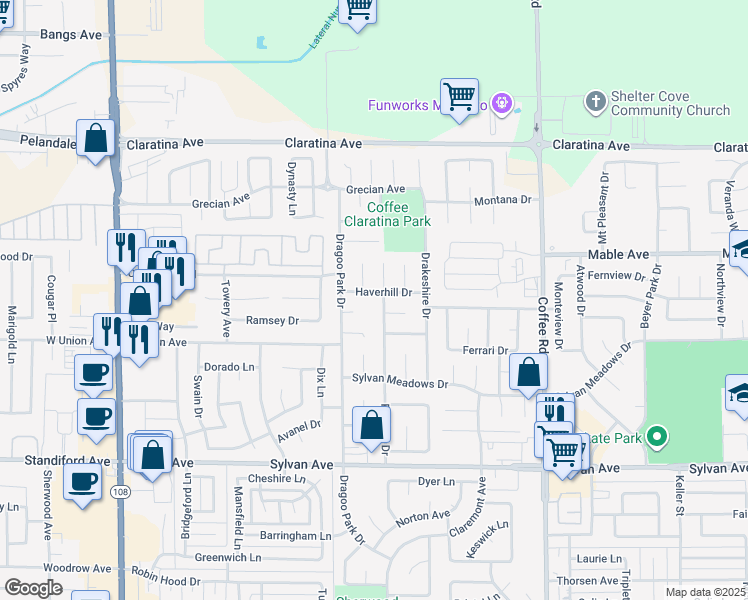 map of restaurants, bars, coffee shops, grocery stores, and more near 805 Haverhill Drive in Modesto
