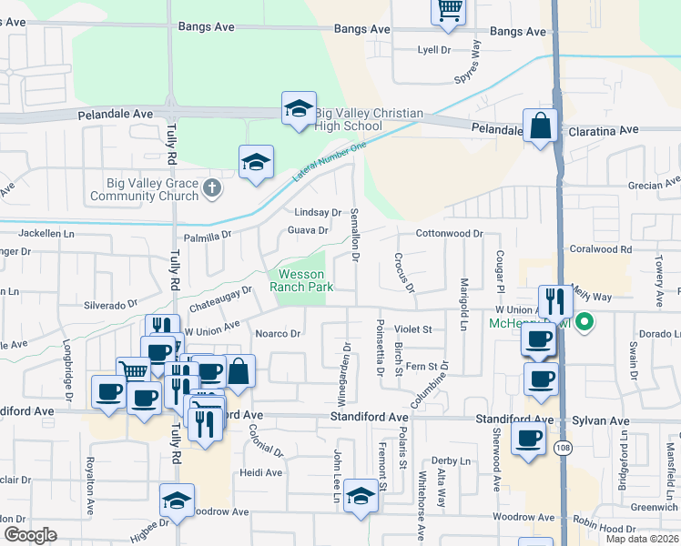 map of restaurants, bars, coffee shops, grocery stores, and more near 816 Massera Way in Modesto
