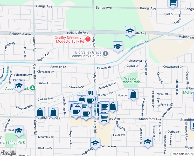 map of restaurants, bars, coffee shops, grocery stores, and more near 3833 Pan-Am Drive in Modesto