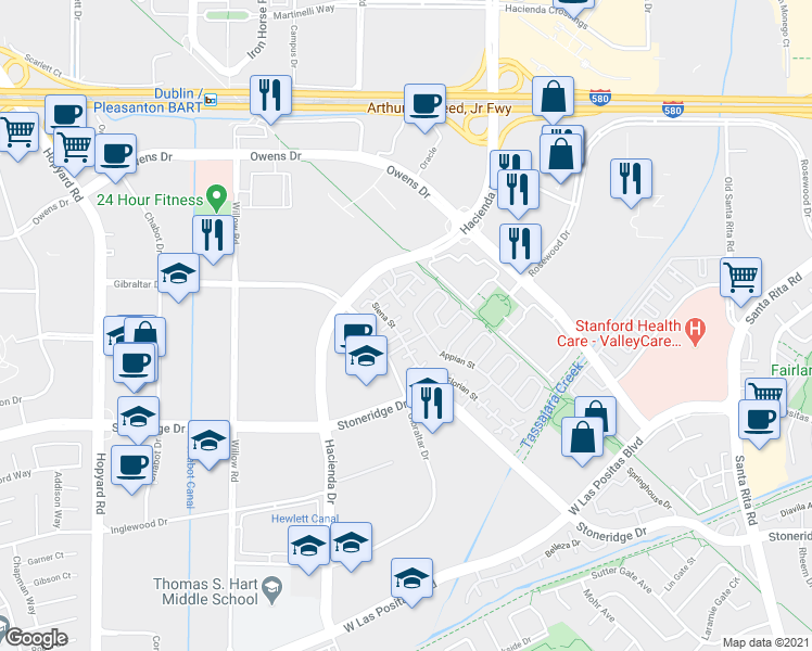 map of restaurants, bars, coffee shops, grocery stores, and more near 3978 Appian Street in Pleasanton