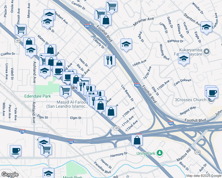 map of restaurants, bars, coffee shops, grocery stores, and more near 1570 166th Avenue in San Leandro