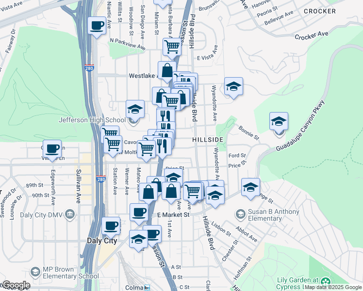 map of restaurants, bars, coffee shops, grocery stores, and more near 50 East Cavour Street in Daly City