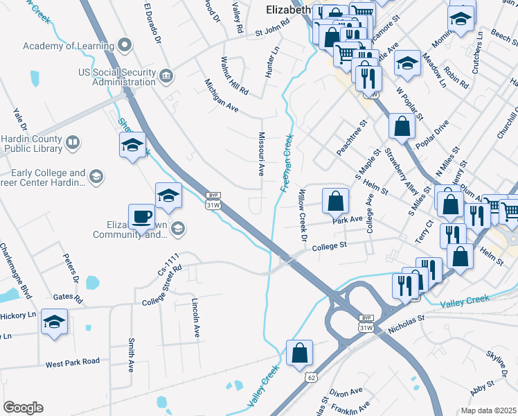 map of restaurants, bars, coffee shops, grocery stores, and more near 105 Idlewood Court in Elizabethtown