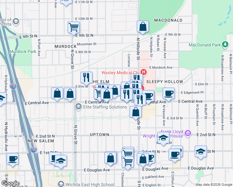 map of restaurants, bars, coffee shops, grocery stores, and more near 544 North Erie Street in Wichita