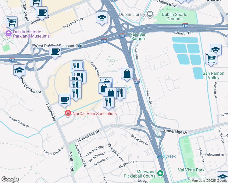 map of restaurants, bars, coffee shops, grocery stores, and more near Workday Way in Pleasanton