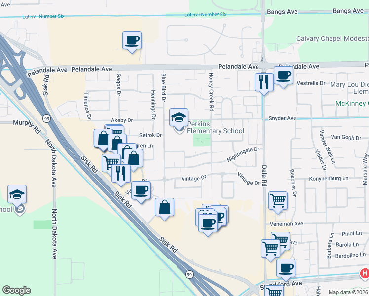 map of restaurants, bars, coffee shops, grocery stores, and more near 3920 Blue Bird Drive in Modesto