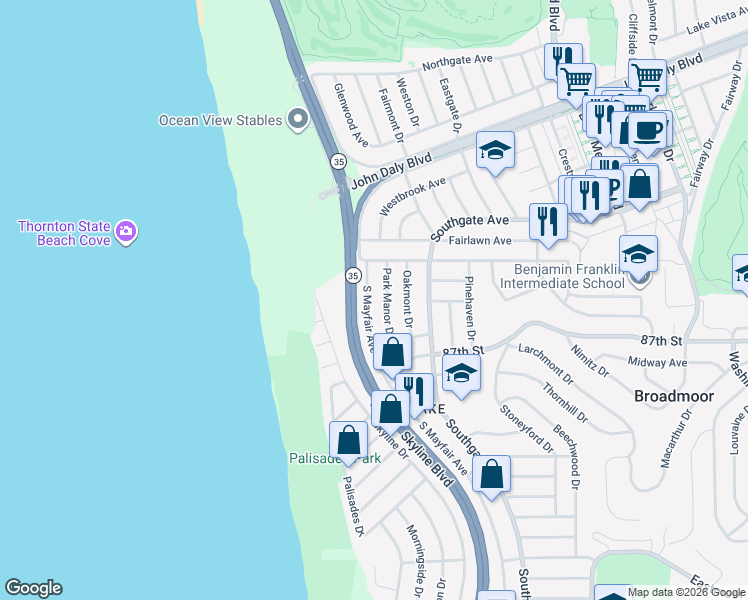 map of restaurants, bars, coffee shops, grocery stores, and more near 33 Park Manor Drive in Daly City