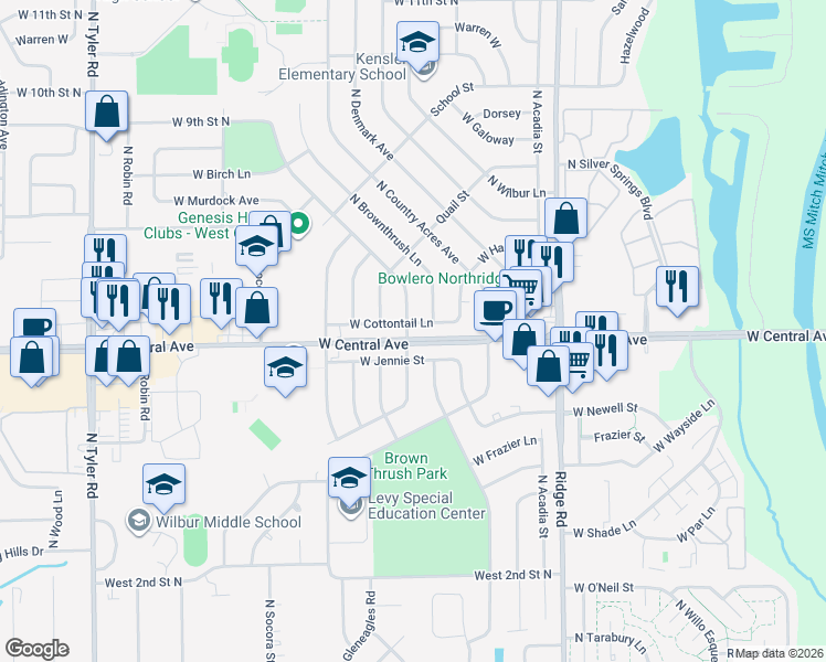 map of restaurants, bars, coffee shops, grocery stores, and more near 725 North Redbarn Lane in Wichita