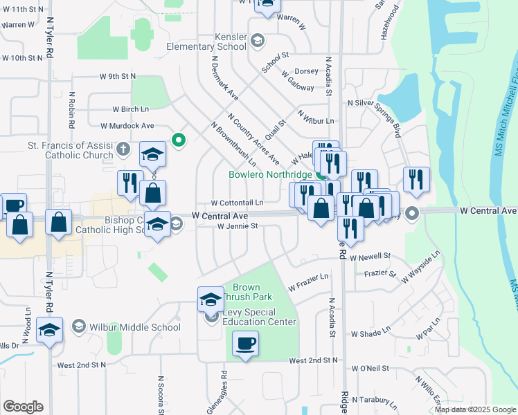 map of restaurants, bars, coffee shops, grocery stores, and more near 7601 Cottontail Street in Wichita