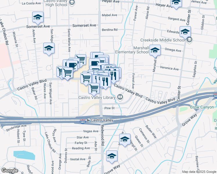 map of restaurants, bars, coffee shops, grocery stores, and more near 3563 Castro Valley Boulevard in Castro Valley