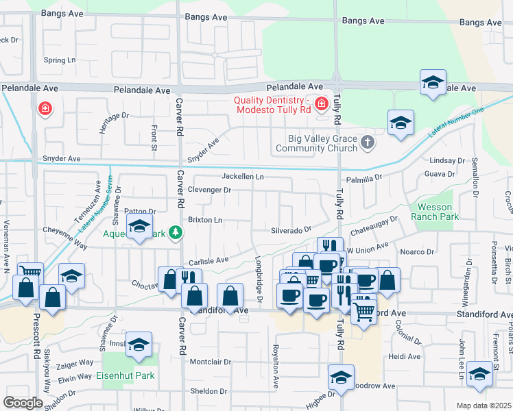 map of restaurants, bars, coffee shops, grocery stores, and more near 3808 Longbridge Drive in Modesto