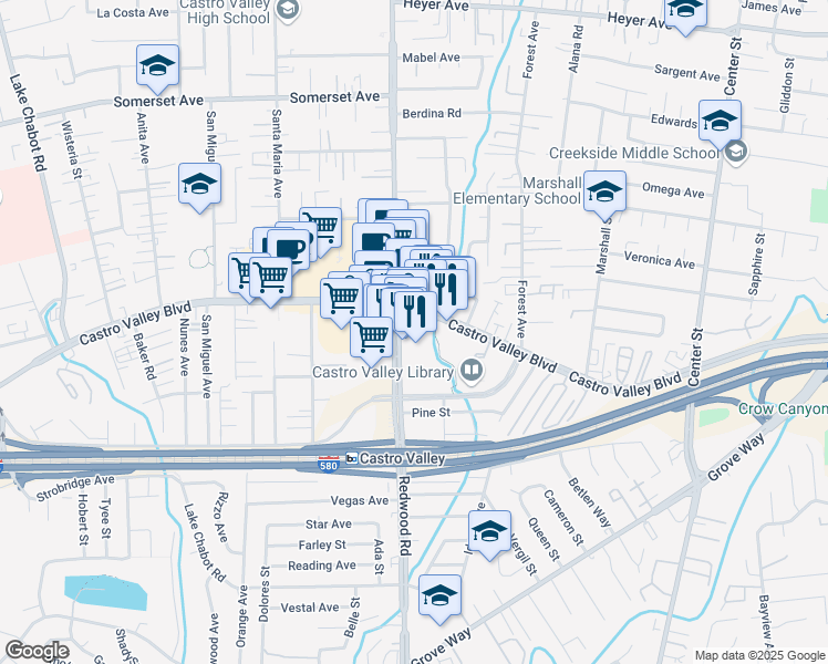 map of restaurants, bars, coffee shops, grocery stores, and more near 3563 Castro Valley Boulevard in Castro Valley