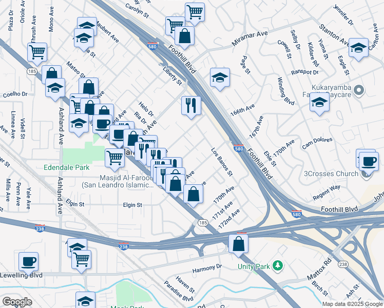 map of restaurants, bars, coffee shops, grocery stores, and more near 1536 166th Avenue in San Leandro