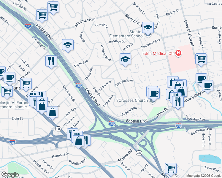 map of restaurants, bars, coffee shops, grocery stores, and more near 17220 Robey Drive in Castro Valley