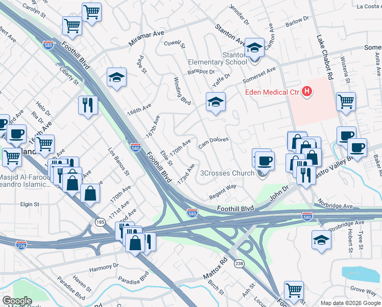 map of restaurants, bars, coffee shops, grocery stores, and more near 17220 Robey Drive in Castro Valley