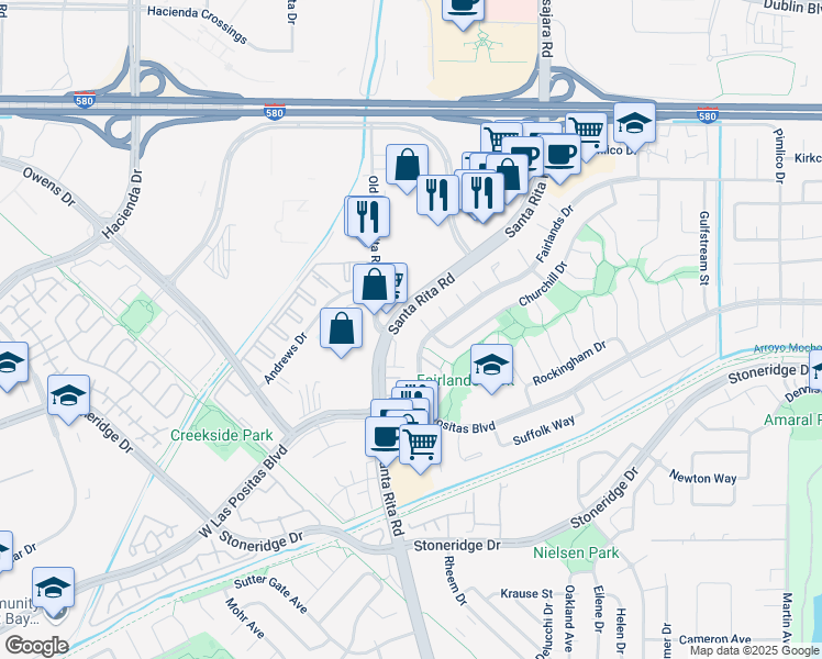 map of restaurants, bars, coffee shops, grocery stores, and more near 3506 Old Santa Rita Road in Pleasanton